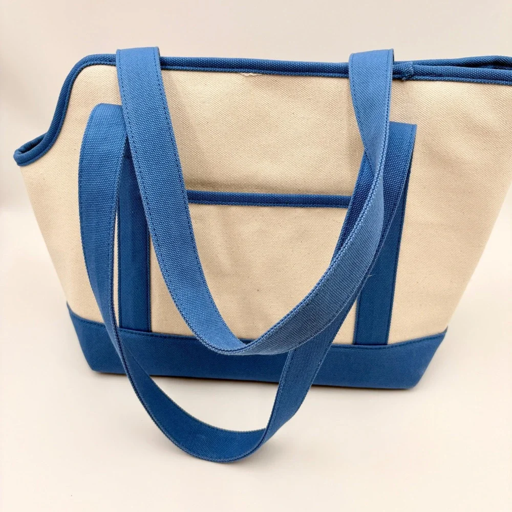 Betsey Johnson Navy Cream Canvas Embroidery Pet Carrier Tote Bag Dog Lover